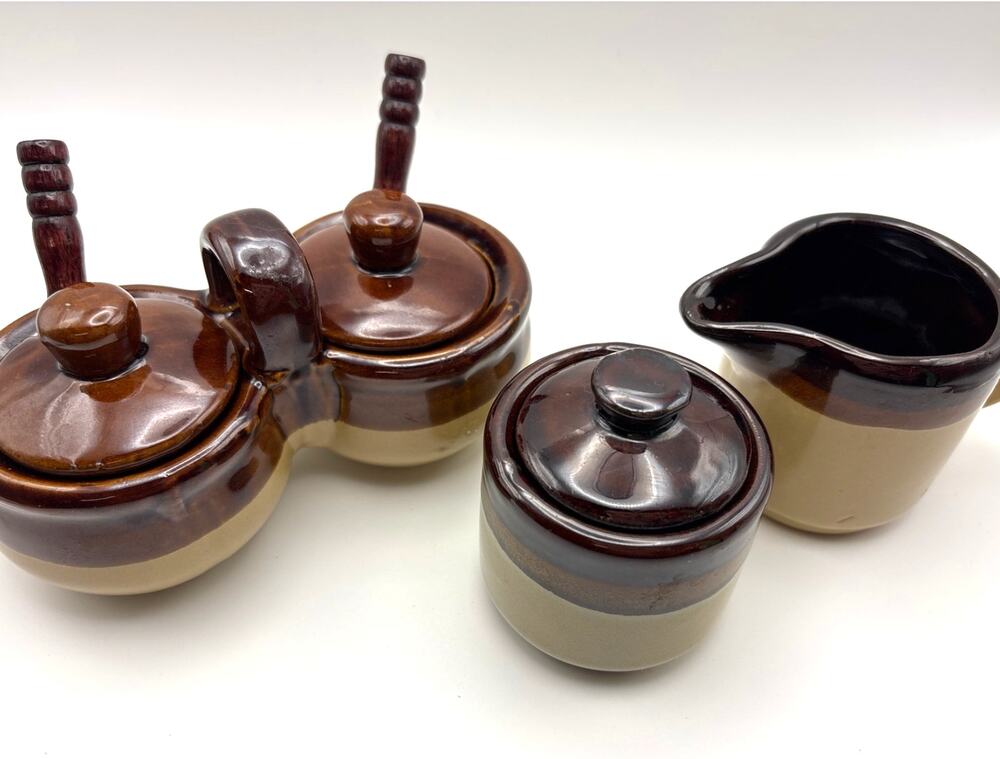 Vintage Stoneware Sugar Bowl with Lid, Creamer and Double Condiment Server
